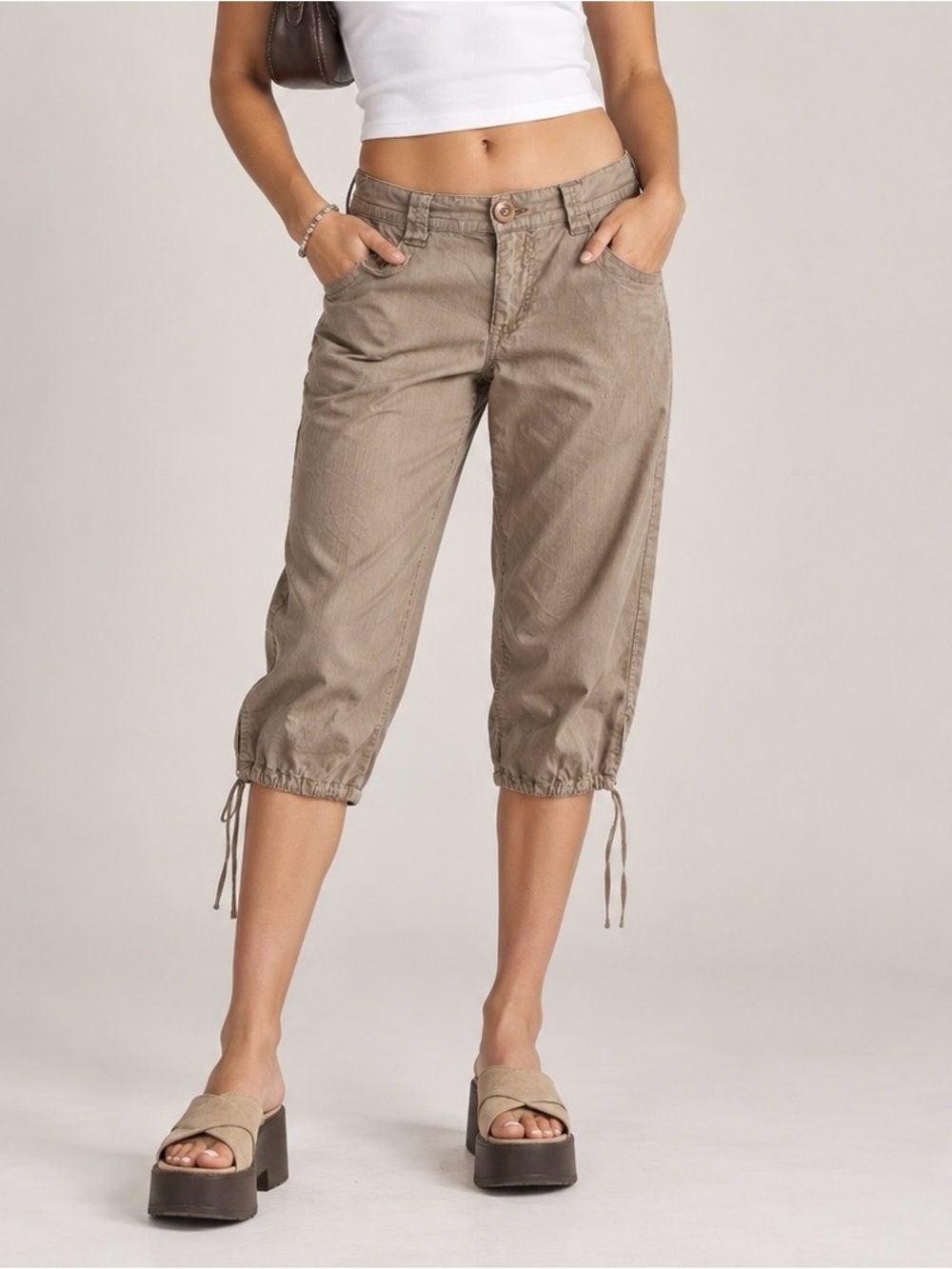 Cavaricci Women’s 100%Cotton Capri Pants Size 8 Tan Drawstring Hem Y2K